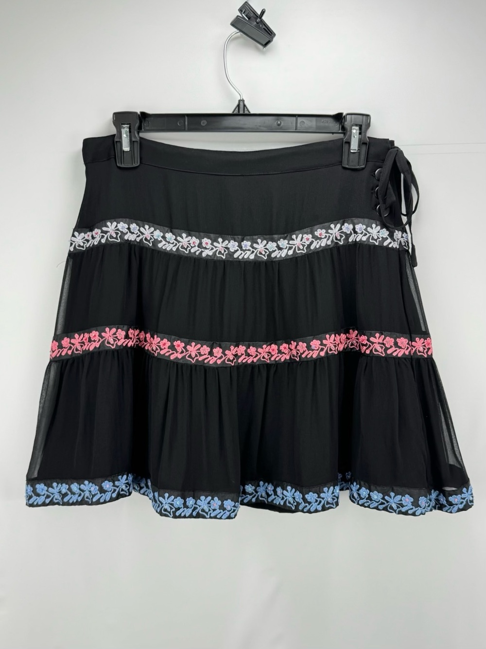 Black Tulle Silk Mini Skirt with Tiered Pastel Floral Trim